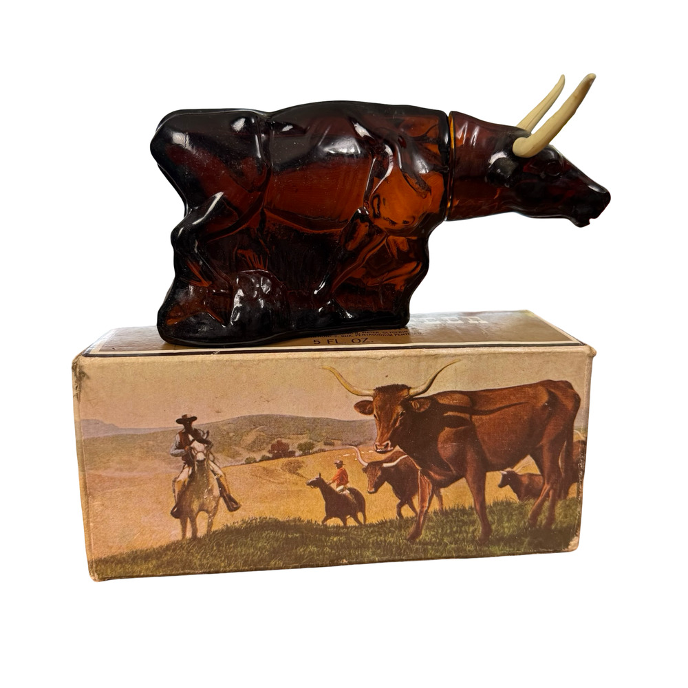 Avon Vintage Longhorn Steer Western w/ Box Perfume Bottle Cologne Glass Empty